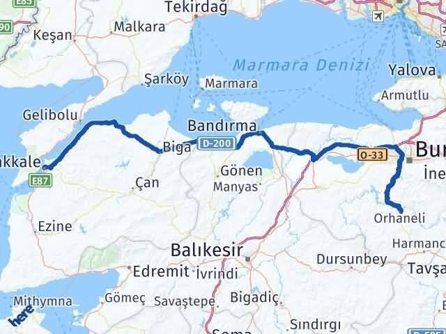 Çanakkale Orhaneli Bursa Arası Kaç Km - Yol Haritası