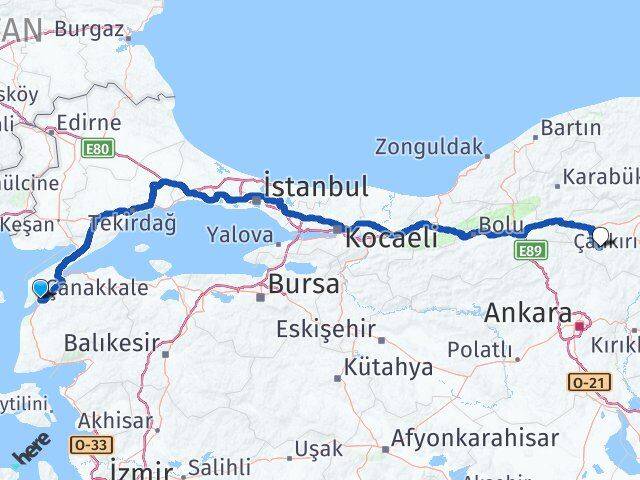 Çanakkale Orta Çankırı Arası Kaç Km - Yol Haritası