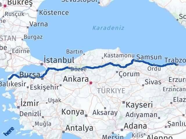Çanakkale Ortahisar Trabzon Arası Kaç Km - Yol Haritası