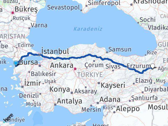 Çanakkale Palandöken Erzurum Arası Kaç Km - Yol Haritası