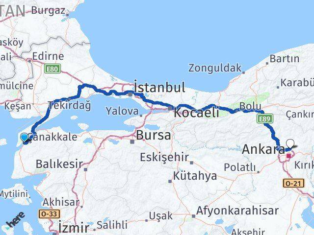 Çanakkale Pursaklar Ankara Arası Kaç Km - Yol Haritası