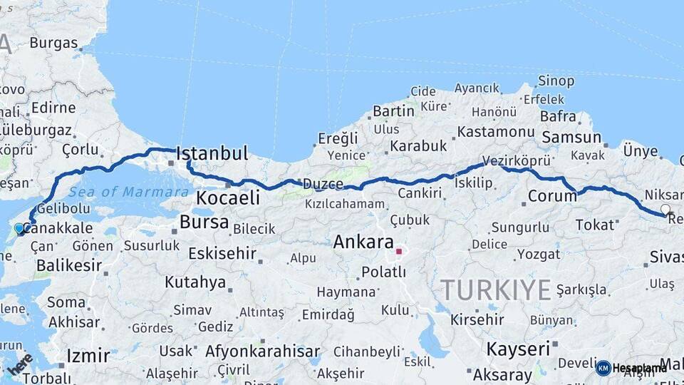 Çanakkale Reşadiye Tokat Arası Kaç Km - Yol Haritası