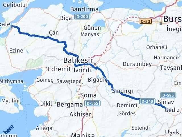 Çanakkale Şaphane Kütahya Arası Kaç Km - Yol Haritası