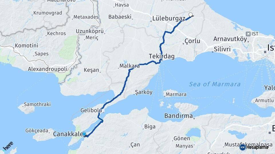 Çanakkale Saray Tekirdağ Arası Kaç Km - Yol Haritası