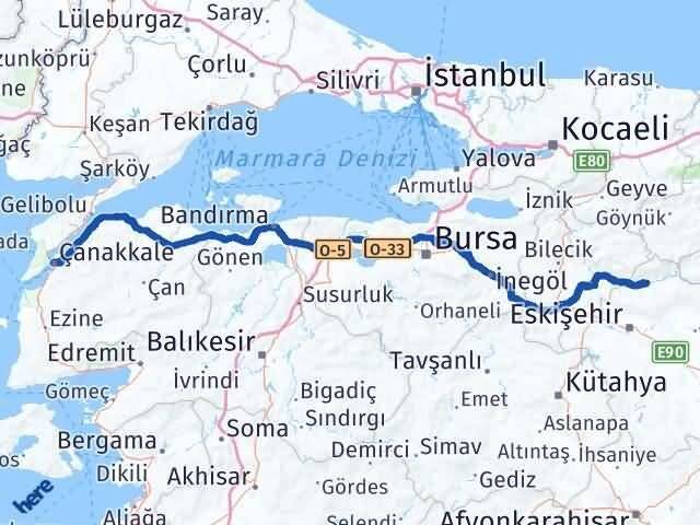 Çanakkale Sarıcakaya Eskişehir Arası Kaç Km - Yol Haritası
