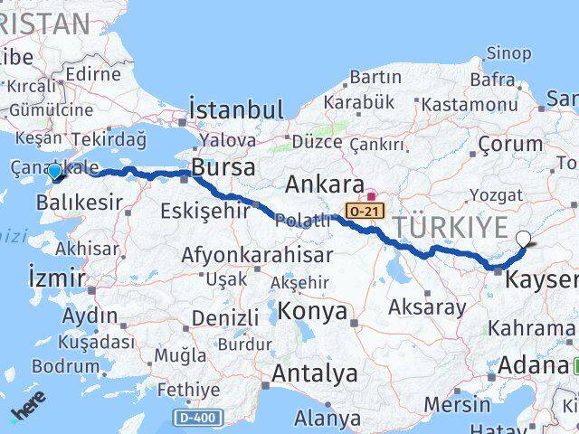 Çanakkale Sarıoğlan Kayseri Arası Kaç Km - Yol Haritası