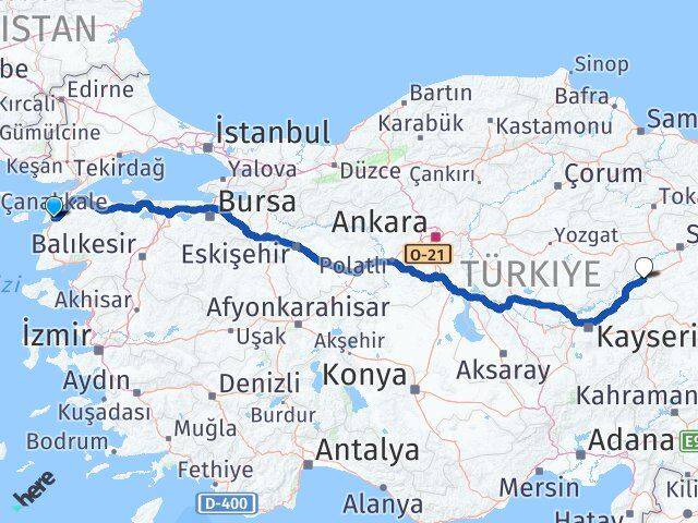 Çanakkale Şarkışla Sivas Arası Kaç Km - Yol Haritası