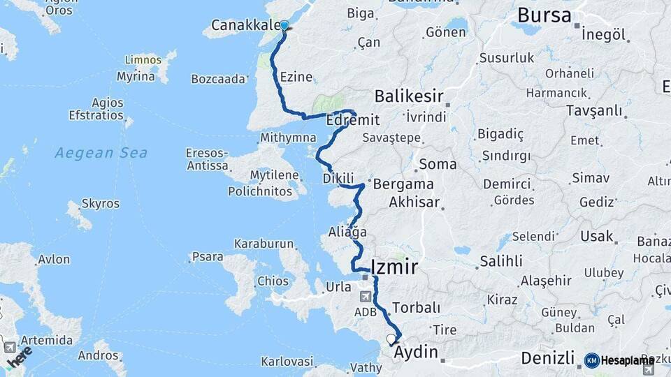 Çanakkale Selçuk İzmir Arası Kaç Km - Yol Haritası