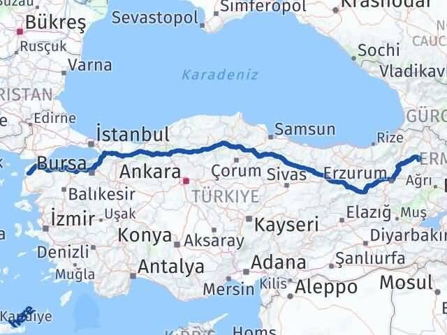 Çanakkale Şenkaya Erzurum Arası Kaç Km - Yol Haritası