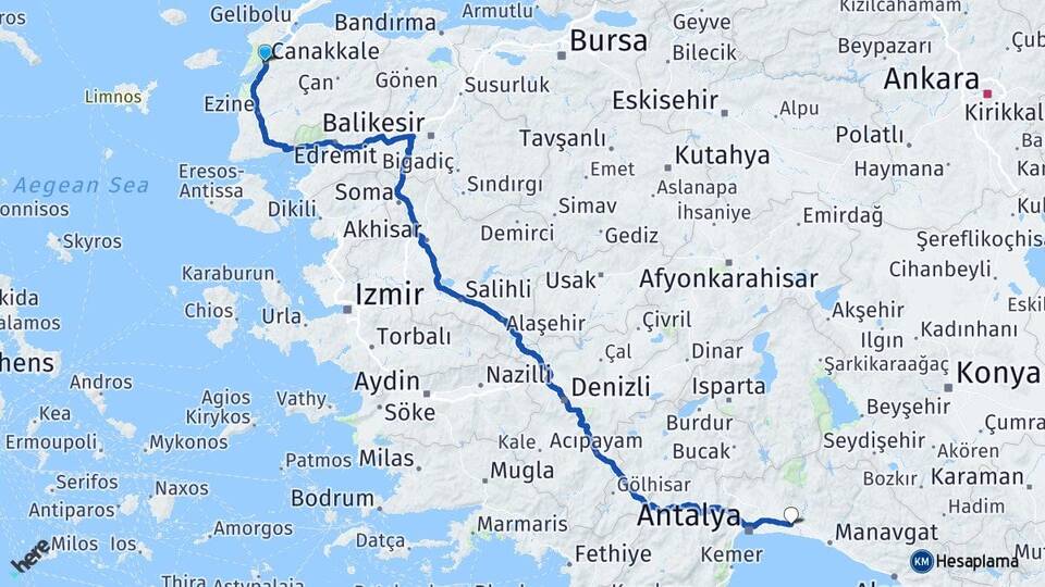 Çanakkale Serik Antalya Arası Kaç Km - Yol Haritası