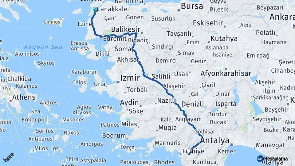 Çanakkale Seydikemer Muğla Arası Kaç Km - Yol Haritası