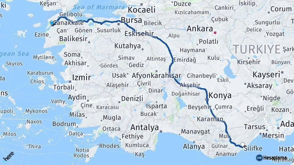 Çanakkale Silifke Mersin Arası Kaç Km - Yol Haritası