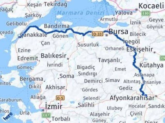 Çanakkale Sinanpaşa Afyonkarahisar Arası Kaç Km - Yol Haritası