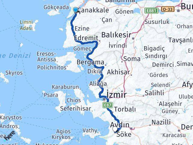 Çanakkale Söke Aydın Arası Kaç Km - Yol Haritası