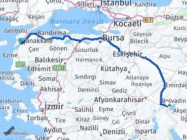 Çanakkale Sultandağı Afyonkarahisar Arası Kaç Km - Yol Haritası