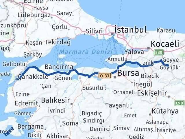 Çanakkale Taraklı Sakarya Arası Kaç Km - Yol Haritası