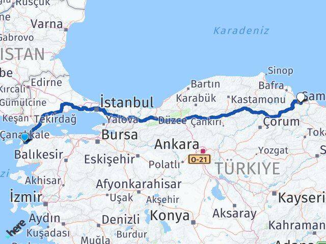 Çanakkale Tekkeköy Samsun Arası Kaç Km - Yol Haritası