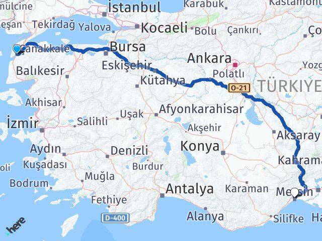 Çanakkale Toroslar Mersin Arası Kaç Km - Yol Haritası