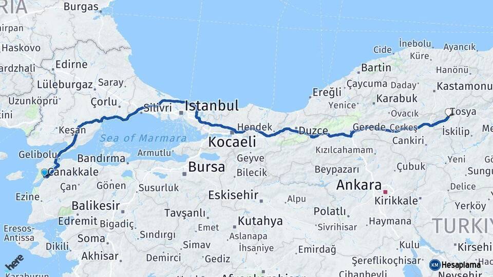 Çanakkale Tosya Kastamonu Arası Kaç Km - Yol Haritası