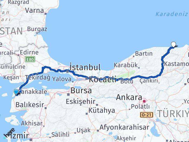 Çanakkale Türkeli Sinop Arası Kaç Km - Yol Haritası