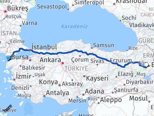 Çanakkale Tutak Ağrı Arası Kaç Km - Yol Haritası