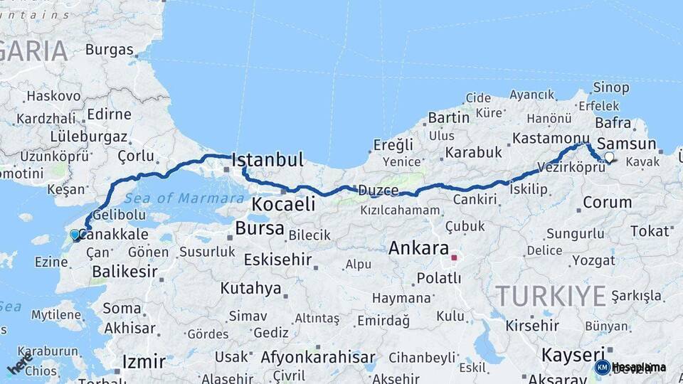 Çanakkale Vezirköprü Samsun Arası Kaç Km - Yol Haritası