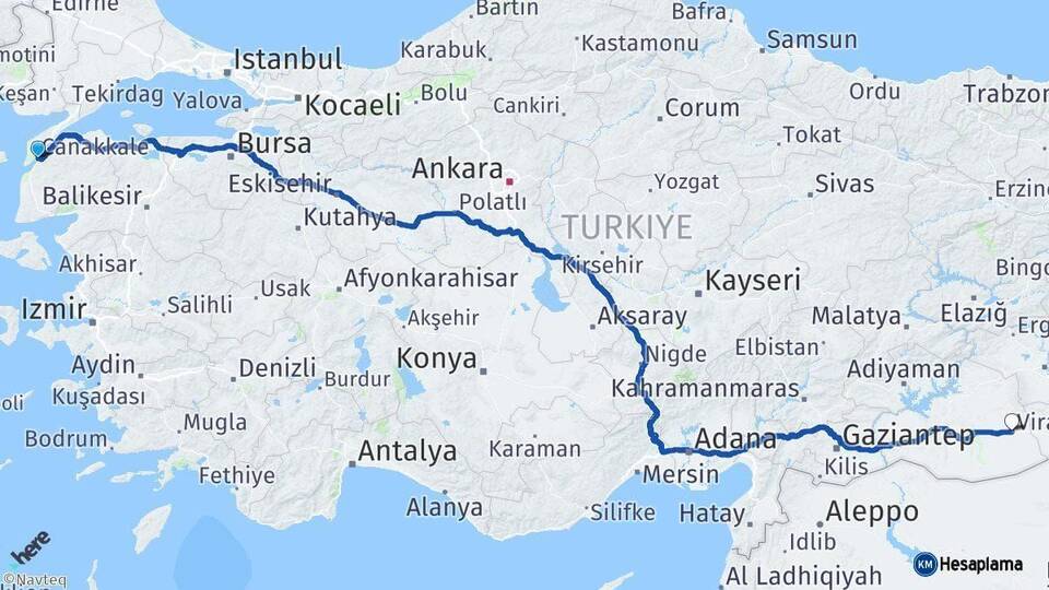 Çanakkale Viranşehir Şanlıurfa Arası Kaç Km - Yol Haritası