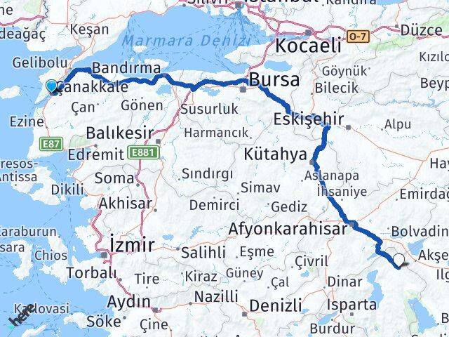 Çanakkale Yalvaç Isparta Arası Kaç Km - Yol Haritası
