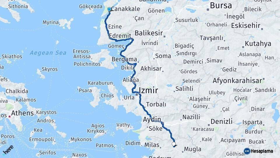 Çanakkale Yatağan Muğla Arası Kaç Km - Yol Haritası
