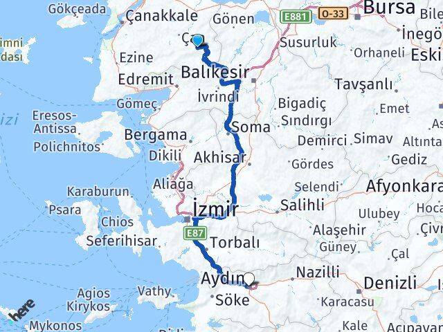 Çanakkale Yenice Aydın Arası Kaç Km - Yol Haritası
