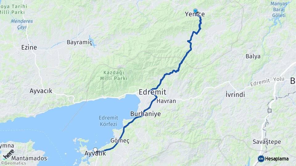 Çanakkale Yenice Ayvalık Balıkesir Arası Kaç Km - Yol Haritası
