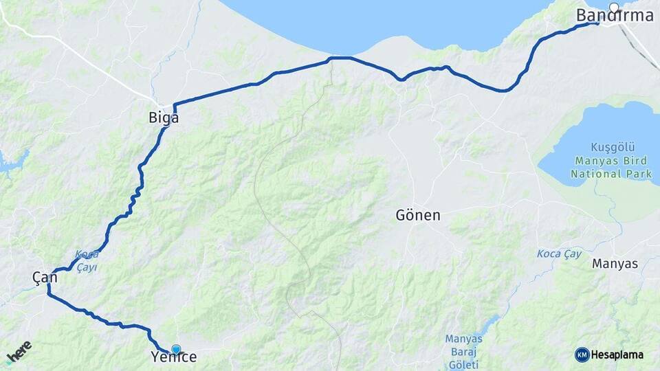 Çanakkale Yenice Bandırma Balıkesir Arası Kaç Km - Yol Haritası