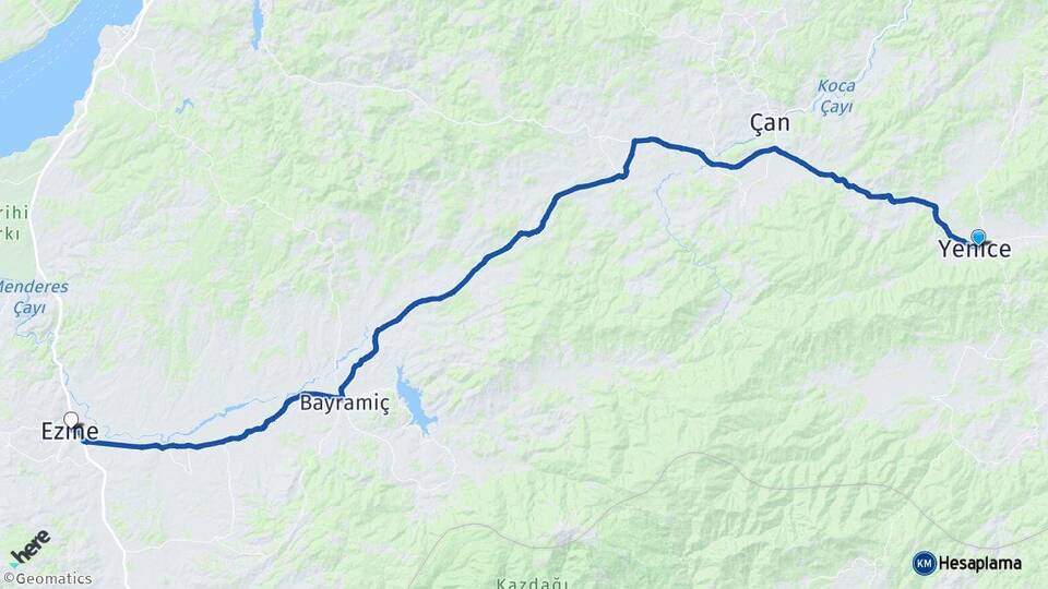 Çanakkale Yenice Ezine Arası Kaç Km - Yol Haritası