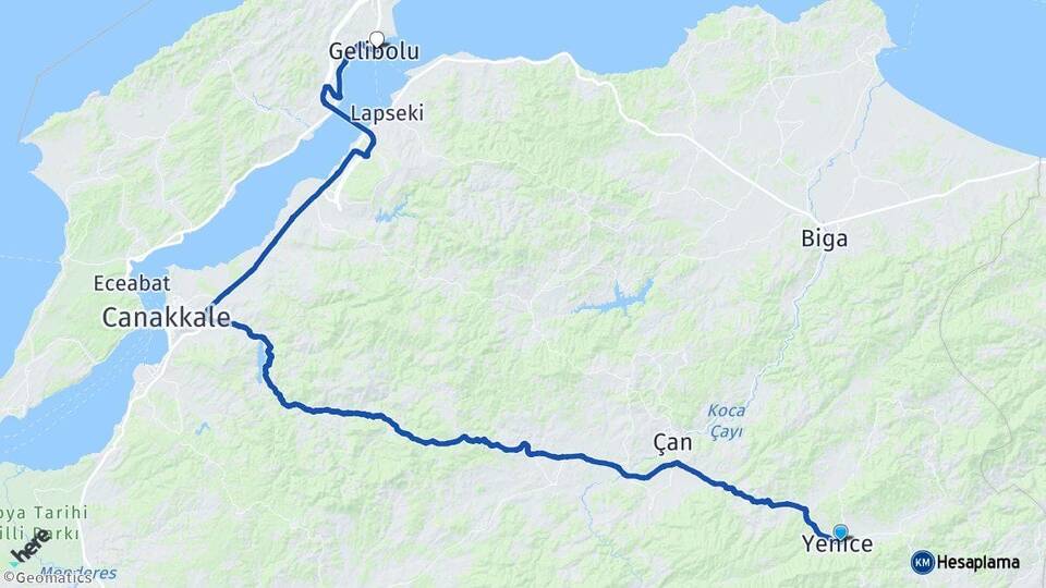 Çanakkale Yenice Gelibolu Arası Kaç Km - Yol Haritası