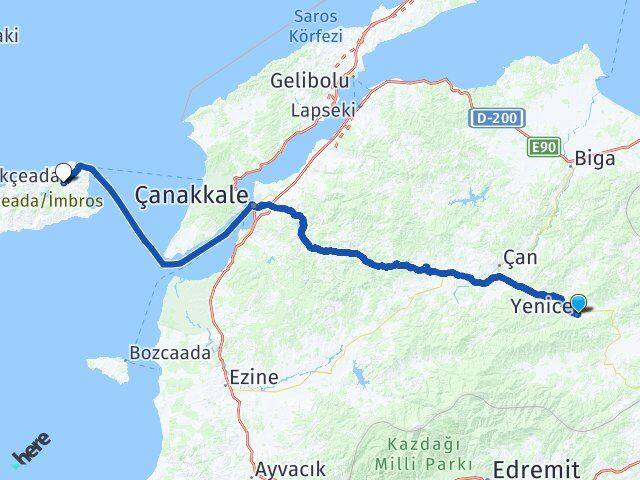 Çanakkale Yenice Gökçeada Arası Kaç Km - Yol Haritası