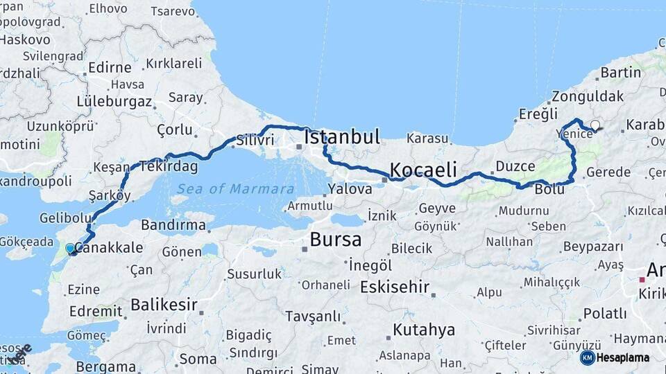 Çanakkale Yenice Karabük Arası Kaç Km - Yol Haritası