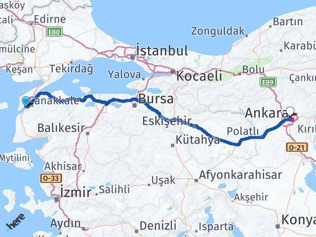 Çanakkale Yenimahalle Ankara Arası Kaç Km - Yol Haritası
