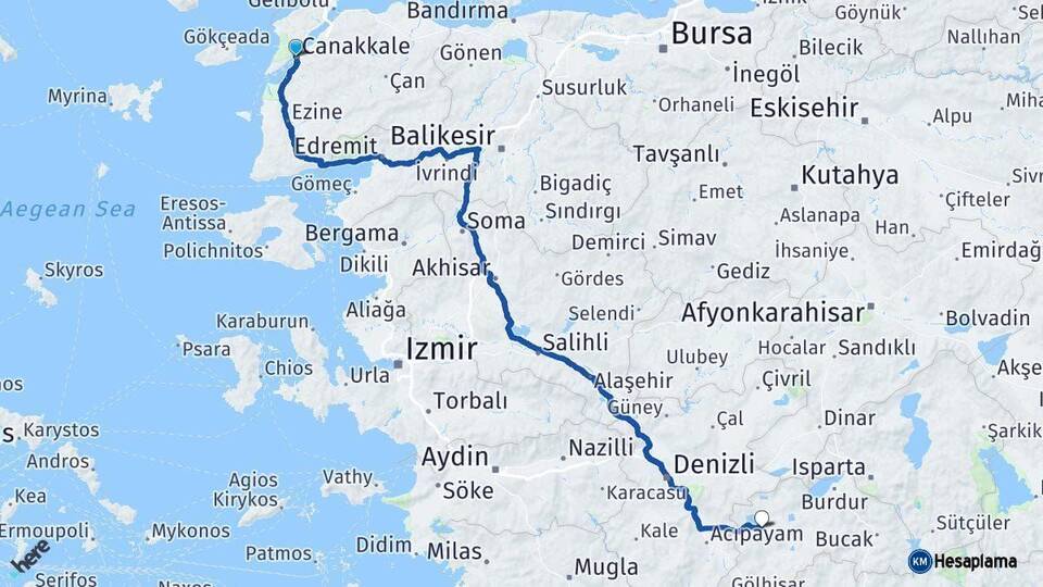 Çanakkale Yeşilova Burdur Arası Kaç Km - Yol Haritası