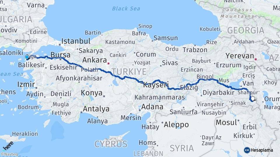 Çanakkale Yüksekova Hakkari Arası Kaç Km - Yol Haritası