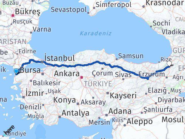 Çanakkale Yusufeli Artvin Arası Kaç Km - Yol Haritası