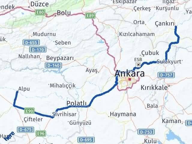 Çankırı Alpu Eskişehir Arası Kaç Km - Yol Haritası