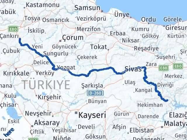 Çankırı Arapgir Malatya Arası Kaç Km - Yol Haritası
