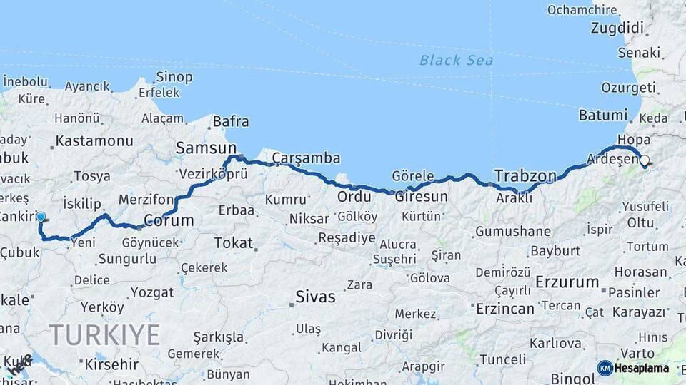 Çankırı Artvin Arası Kaç Km - Yol Haritası