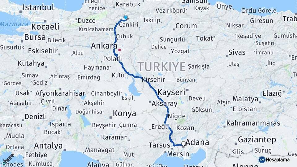 Çankırı Atkaracalar Adana Arası Kaç Km - Yol Haritası