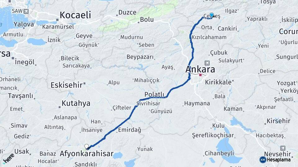 Çankırı Atkaracalar Afyonkarahisar Arası Kaç Km - Yol Haritası