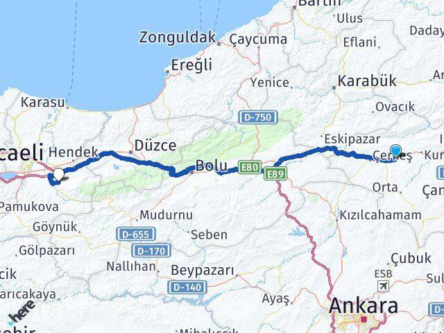 Çankırı Atkaracalar Akyazı Sakarya Arası Kaç Km - Yol Haritası