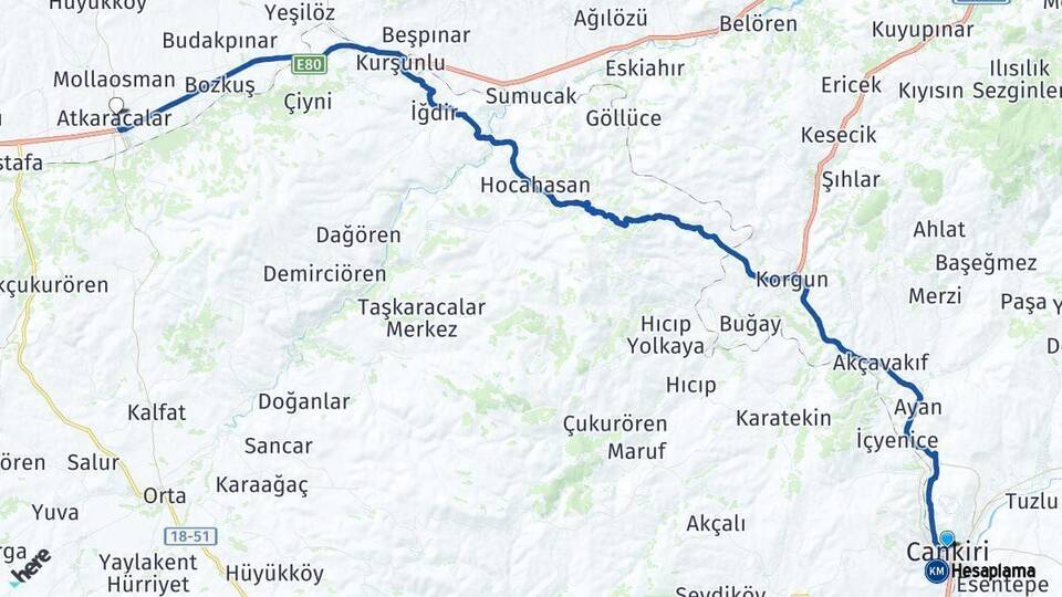 Çankırı Atkaracalar Arası Kaç Km - Yol Haritası