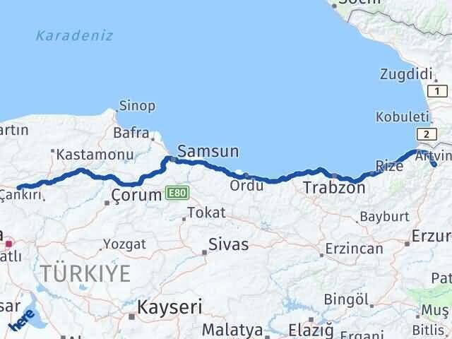 Çankırı Atkaracalar Artvin Arası Kaç Km - Yol Haritası