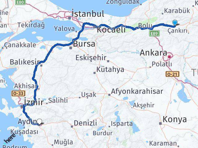 Çankırı Atkaracalar Aydın Arası Kaç Km - Yol Haritası