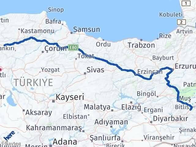 Çankırı Atkaracalar Bitlis Arası Kaç Km - Yol Haritası
